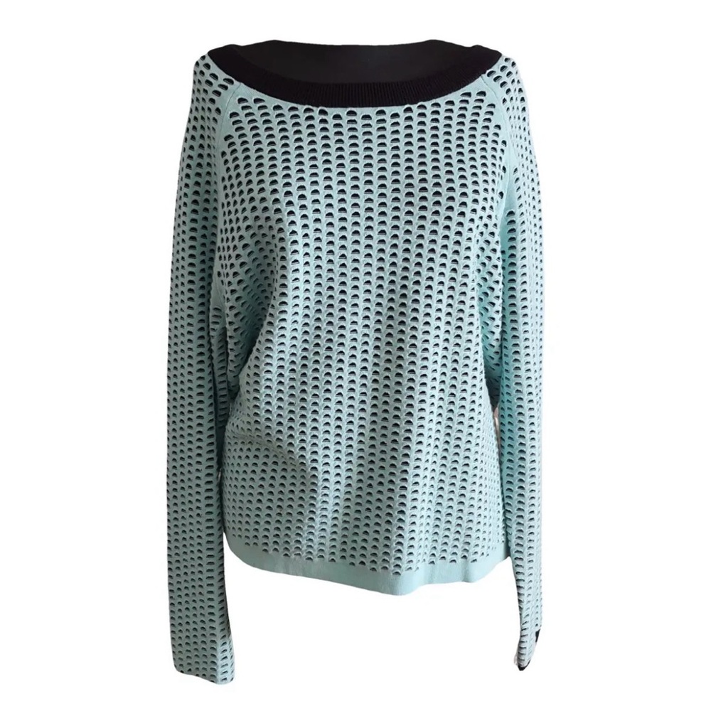 Tibi mint green and black sweater with a perforated pattern and‎ black neckline